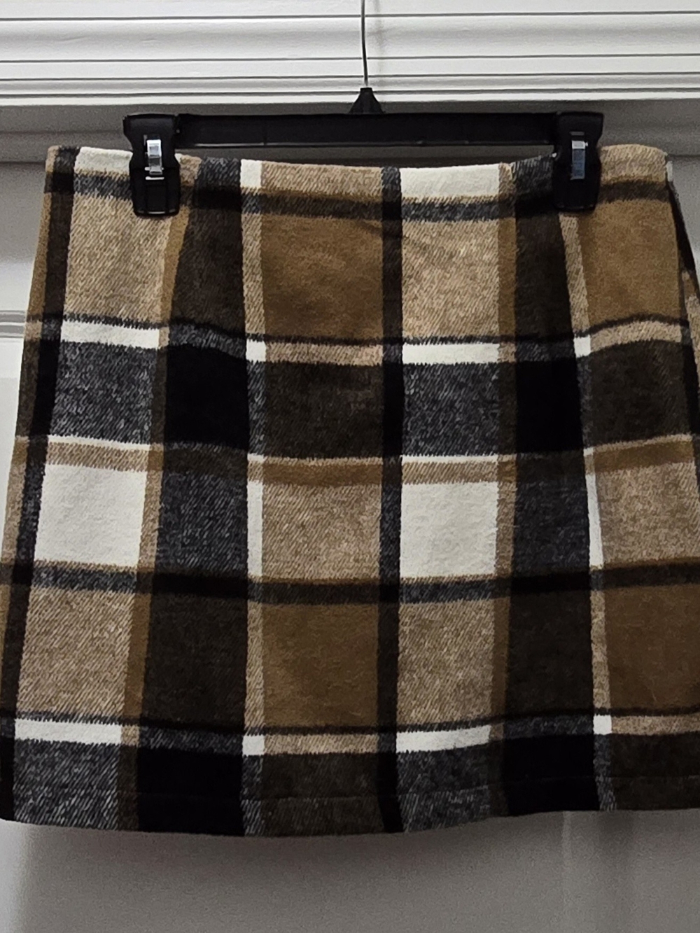 Boutique Plaid Wool Blend A-Line Mini Skirt, Brown, Grey Cozy Size L - NWT